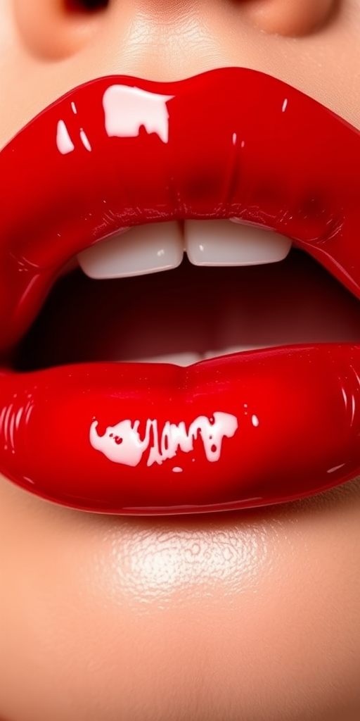 Glossy cherry red lips with a vinyl shine, called "Classic Glamour," feature a bold, timeless color and ultra-reflective surface for a statement look