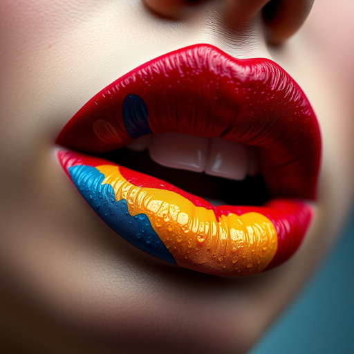 create an ultra-detailed close-up of vibrant, creatively painted lips featuring bright red, blue, and yellow colors, with soft diffused lighting, 85mm lens, f/1.8 aperture, ISO 100, shallow depth of field, studio photography style, high-resolution digital camera, focus on texture and color contrast