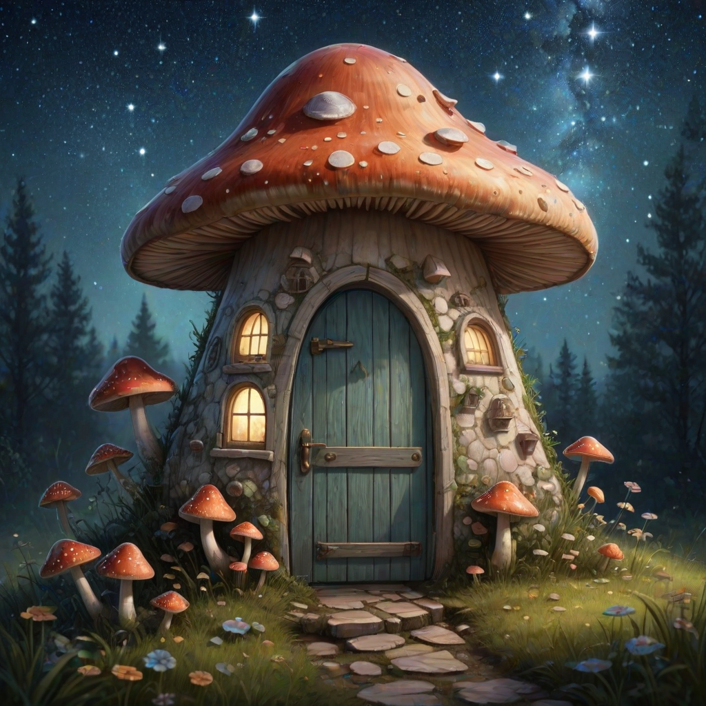 generate illustration of a mushroom house with a door and a window, a storybook , fantasy art, mushroom house, bg starry sky, sparkles