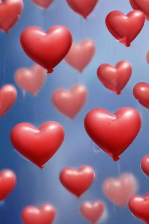 Colorful Red Heart Balloons Floating Against a Soft Blue Background