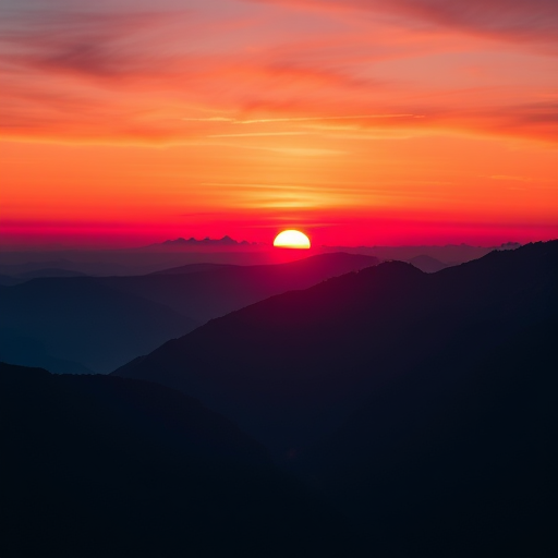 Generate a high-resolution image of a scenic sunset over a mountainous landscape, using a Canon EOS R5 with a 24-70mm f/2.8 lens, set at ISO 100, aperture f/11, shutter speed 1/125s, in landscape orientation, applying a vibrant color palette and enhanced contrast for depth.