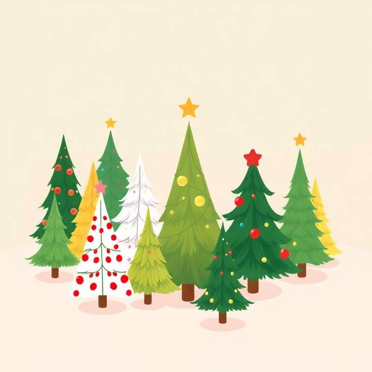 Create a high-resolution illustration of various stylized Christmas trees on a soft pastel background, using a digital drawing tablet, with a resolution of 300 DPI, a view focused on the central composition, and a vibrant color palette.