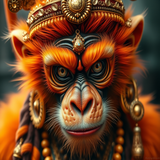 Create a highly detailed portrait of a mythological monkey god character with vibrant orange fur, intricate golden jewelry and accessories, expressive eyes, and a fierce yet noble expression, captured in a close-up shot using a Canon EOS R5 camera, 85mm lens, aperture f/1.4, ISO 200, natural lighting for enhanced depth and contrast.