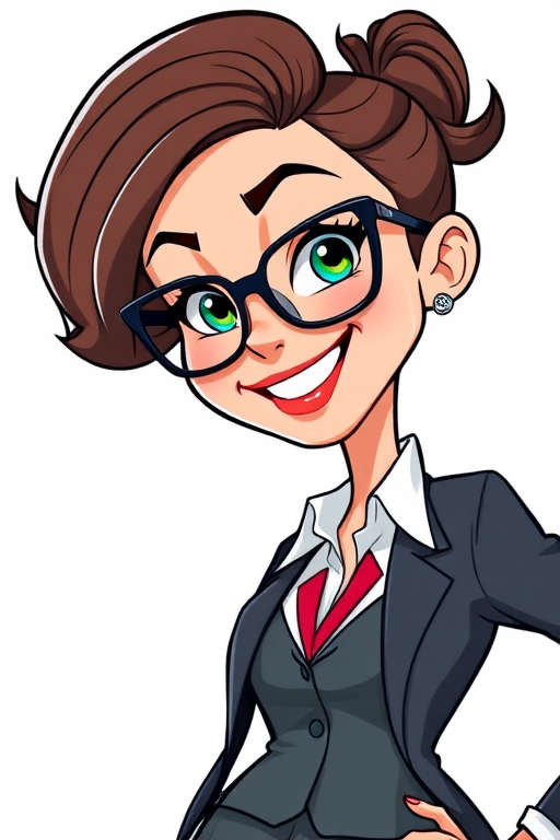 Create a vibrant and detailed cartoon character of a woman with glasses and a stylish business suit, in a lively pose, with a white background, using a Canon EOS R5 camera at f/4, ISO 100, and a 24mm lens, capturing a dynamic angle.