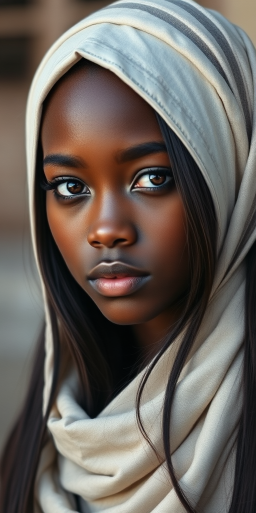Create a portrait of a young African American female with long, dark hair and captivating hazel eyes. She is wearing a white headscarf and a matching scarf draped gracefully around her neck. The background is softly blurred, focusing attention on her serene and natural expression. The overall color palette is muted and warm, enhancing the intimate and authentic feel of the portrait.