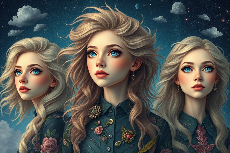 Create a series of imaginative portraits where each subject is infused with elements of fantasy and nature. The hair of the individuals should flow like clouds, varying from soft, fluffy cumulus to wispy cirrus strands, with hints of color reflecting a sunset or a clear blue sky. The eyes should be windows to entire galaxies, with stars, nebulae, and distant planets visible within them. Clothing should be adorned with nature motifs, such as floral patterns that bloom and change, vines that seem to grow and wrap around, or feathers that shimmer with iridescence. Each portrait should capture a unique personality, blending human features with the ethereal beauty of the natural and cosmic world. The backgrounds can vary, from starry night skies to enchanted forests, adding depth and context to the magical realism of the portraits