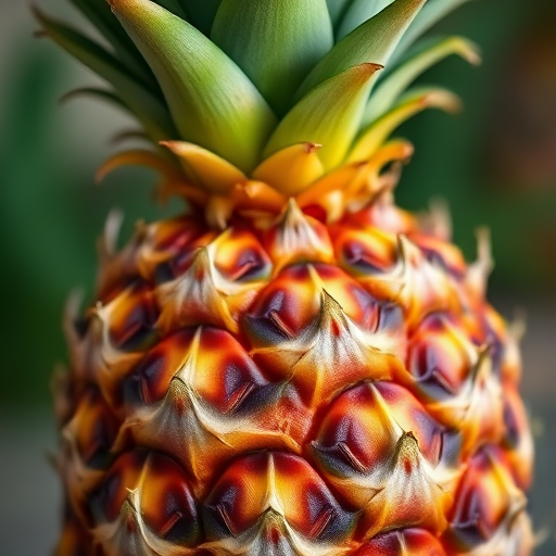high-resolution close-up of a ripe pineapple with vibrant colors, soft natural lighting, shallow depth of field, ISO 100, f/2.8, shot with a DSLR camera in portrait orientation