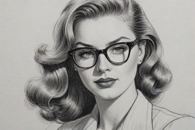 Ravishing Hannah Brown, pencil sketch, portrait of Alluring woman 1943s in glasses, hair style beatnik, outline, clear lines, fine lines, 8k