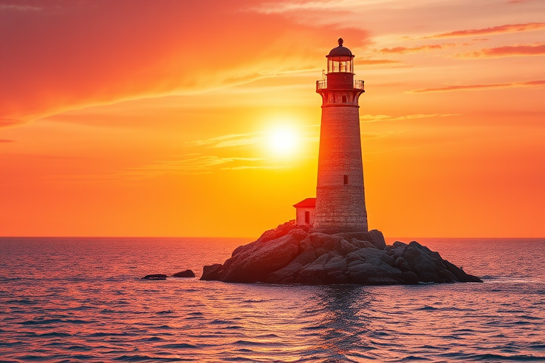 Generate an image of a tall lighthouse perched on a rocky outcrop surrounded by calm ocean waters during a breathtaking sunset. The lighthouse stands sturdy and weathered, its stone surface illuminated by the warm golden light of the setting sun. The sun's rays pass directly through the glass lantern room at the top of the lighthouse, casting a brilliant light across the scene. The sky is painted with vibrant shades of orange, pink, and purple, reflecting off the tranquil sea. The surrounding water shimmers with the same warm hues, creating a serene and majestic atmosphere.