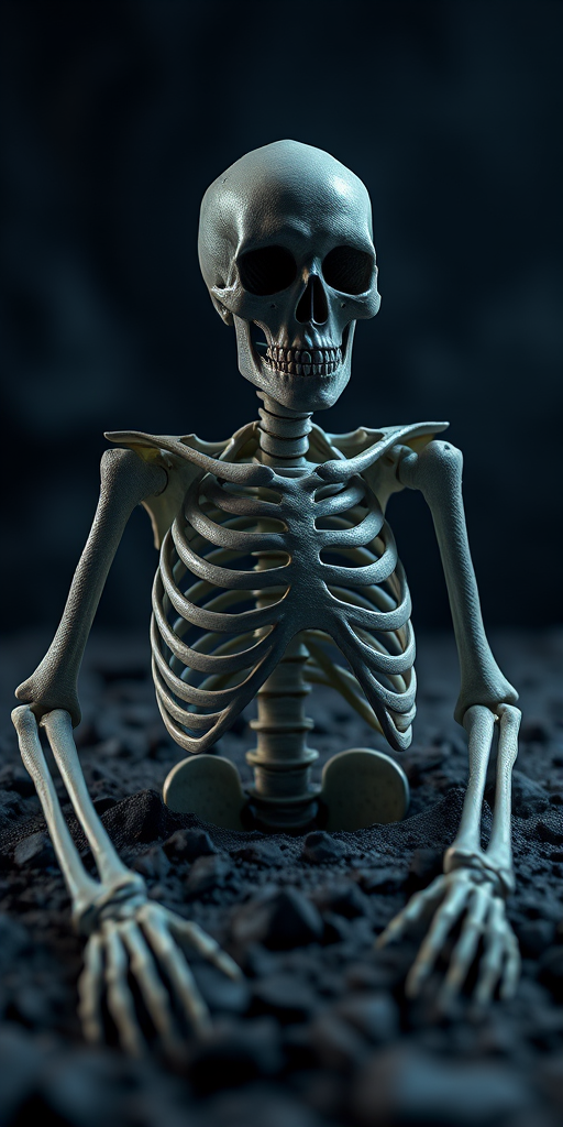 Create a highly detailed, realistic 3D rendering of a skeleton emerging from the ground in a dark, eerie setting, with dynamic lighting to highlight texture; use a DSLR camera with a 50mm lens, aperture set to f/2.8, ISO 100, and a shallow depth of field to enhance focus on the skeleton while blurring the background.