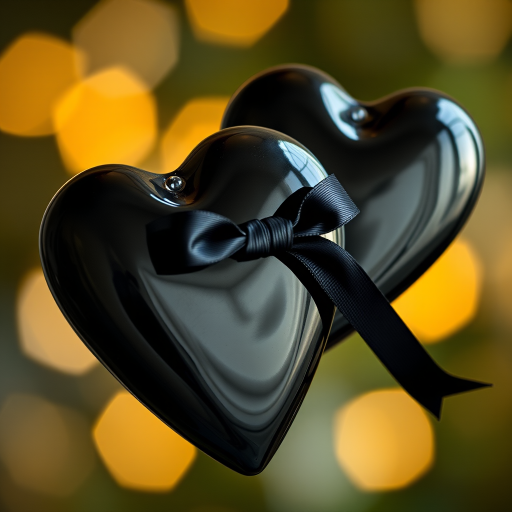 Create an image of two overlapping glossy black hearts with a stylish black ribbon wrapped around the center, shot with a Canon EOS R5 at f/2.8 aperture, ISO 100, in a soft light setting with a macro lens for enhanced detail and a smooth bokeh background.