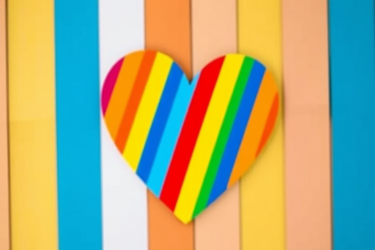 Create a vibrant heart shape filled with rainbow stripes, using a DSLR camera with a 50mm lens, aperture set to f/2.8 for a shallow depth of field, shot from a slight overhead angle to enhance the colors, in a brightly lit environment to ensure vividness and clarity.