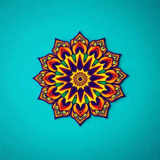 Create a vibrant mandala pattern on a textured teal background, using a DSLR camera with a 50mm lens, aperture set to f/1.8, ISO 200, and a shallow depth of field for enhanced image quality and clarity.