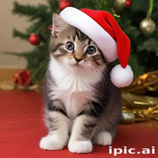Adorable Kitten Wearing a Santa Hat Among Holiday Decorations