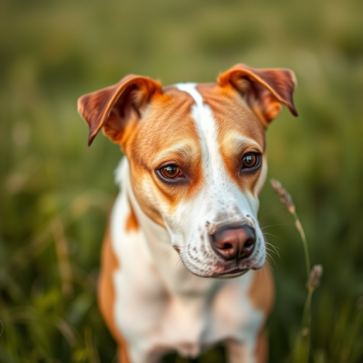 a close-up portrait of a brown and white dog with a serious expression in a grassy field, natural light, aperture f/2.8, ISO 200, shutter speed 1/500s, shallow depth of field, captured with a DSLR camera using a 50mm lens