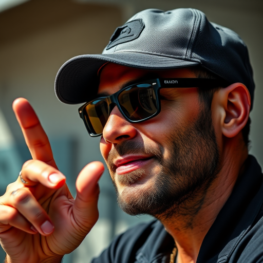 Create a high-resolution digital portrait of a man wearing sunglasses and a cap, making a hand gesture with a relaxed expression, with a focus on soft shadows and vibrant colors, using a DSLR camera at f/2.8 aperture, 50mm lens, ISO 100, and natural lighting for enhanced details and clarity.