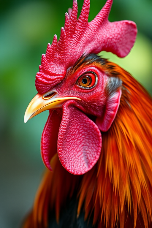 close-up of a rooster with vibrant feathers and detailed texture, 50mm lens, f/1.8 aperture, ISO 100, natural lighting, shallow depth of field, DSLR camera
