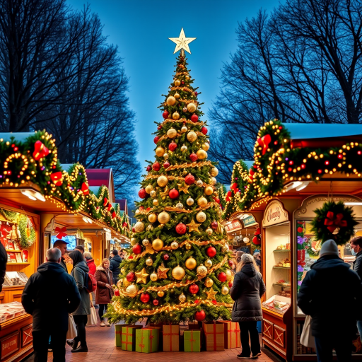 Generate an image of a festive Christmas market scene. Include a beautifully decorated Christmas tree with shiny ornaments and a star on top. Surround the tree with colorful market stalls adorned with lights and holiday decorations. Capture the vibrant atmosphere with shoppers enjoying the festivities.