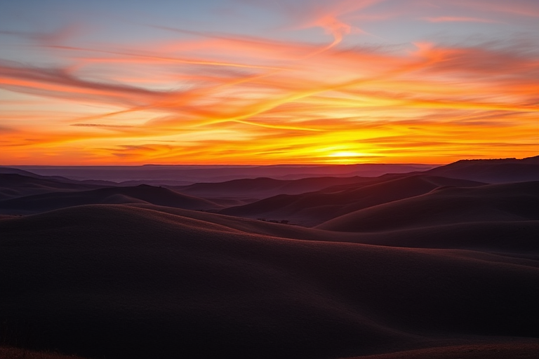 Create a high-resolution image of a serene landscape featuring rolling hills and a sunset sky with vibrant colors, captured with a Nikon D850 at f/8, ISO 100, 1/250 sec, using a wide-angle lens for an expansive view.