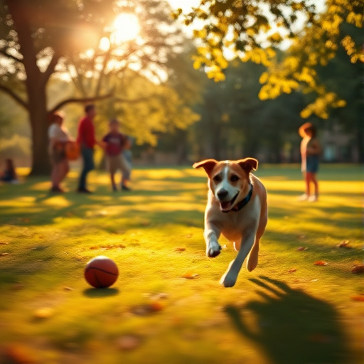Blurry action shot of a dog chasing a ball through a sunlit park, soft golden light filtering through the trees, with children playing in the background and leaves softly rustling in the breeze.