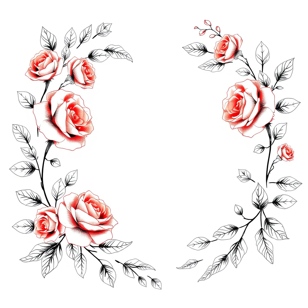 Create an elegant hand-drawn floral border design with intricate roses and leaves, soft grey background, high-resolution digital illustration, captured with a Canon EOS R5, 50mm lens, f/2.8 aperture, ISO 100, soft natural lighting.