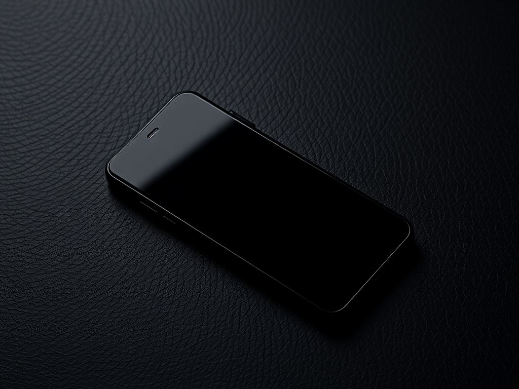 regenerate the image of a black smartphone lying on a textured black surface, use a Canon EOS R camera with a 50mm lens, aperture f/1.8, ISO 200, shutter speed 1/60 sec, in a low-light setting for enhanced contrast and detail.
