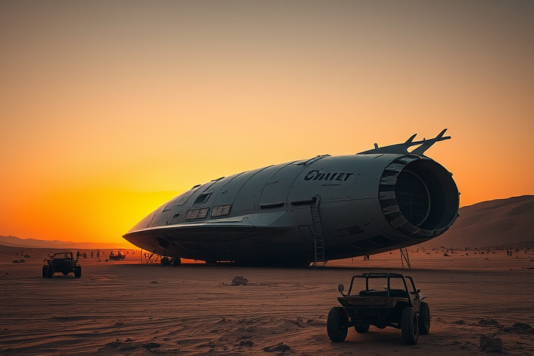 futuristic spaceship stranded on a desert landscape at sunset, high-resolution, DSLR camera, 50mm lens, f/2.8 aperture, ISO 100, low angle view, soft lighting for enhanced detail and contrast