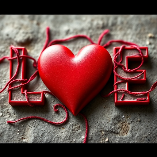 create an abstract image of the word LOVE with a large red heart at the center, using a macro lens on a DSLR camera, aperture set to f/2.8, ISO 100, 50mm focal length, under soft diffused lighting for enhanced clarity and detail