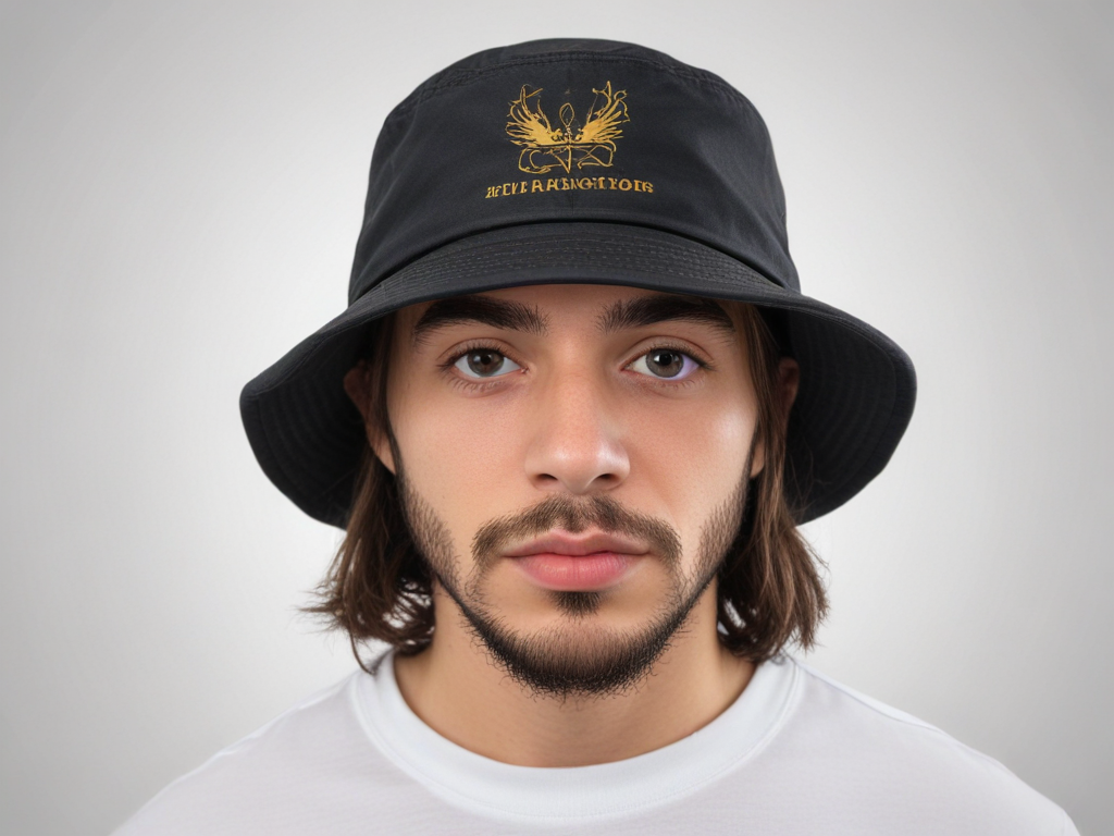 Young Man Wearing a Stylish Black Bucket Hat with Golden Logo Design