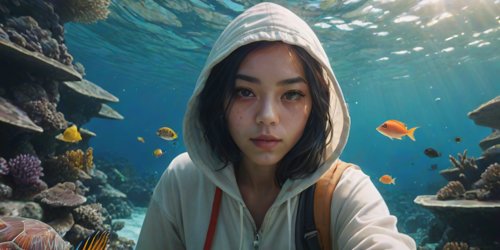 Realistic selfie image of a Asian, wearing a vintage outfit, detailed dreamy eyes, droopy hooded eyes, staring at the camera, taken underwater at coral reef with a sunbeam filtering through the water, vibrant, summer vacation, natural lighting, turtle and school of tropical fish with vibrant colors, rendered in the style of CryEngine, Pegi Nicol MacLeod, with realistic genre scenes, hauntingly beautiful narratives, ultra-realism, and Thomas Saliot's close-up technique, 8K resolution, crystal clear and sparkling water.