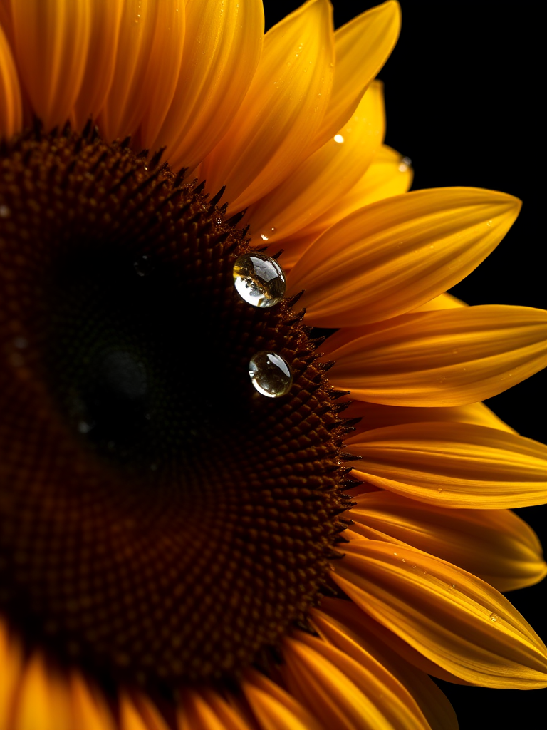 Sunflower with water droplets on petals, close-up shot, black background, natural light, aperture f/2.8, ISO 100, shutter speed 1/200s, macro lens, DSLR camera.