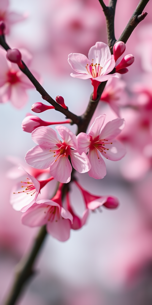 Close-up shot of pink cherry blossoms on a branch, soft focus background, f/2.8 aperture, 1/200s shutter speed, ISO 100, 50mm lens, natural light photography, DSLR camera.