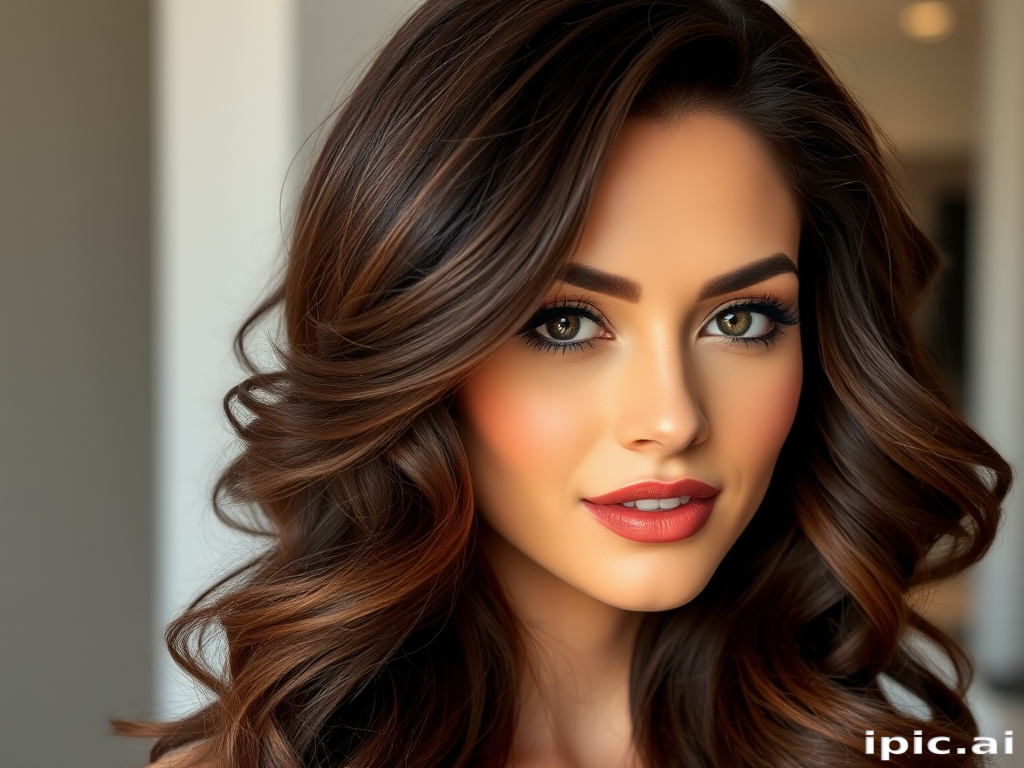 Elegant brunette with cascading chocolate waves, styled in a classic Hollywood glamour look, exuding timeless sophistication and allure