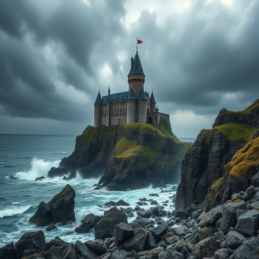 Majestic castle standing on a cliff's edge, with waves crashing against the rocks below, and storm clouds gathering in the distance.