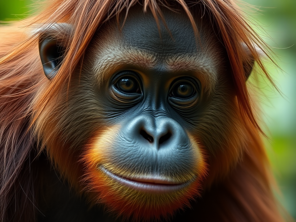 Regenerate a close-up portrait of an orangutan with detailed facial features and rich fur texture, captured using a DSLR camera, 85mm lens, f/1.8 aperture, ISO 200, 1/250s shutter speed, natural light setting for enhanced depth and softness.