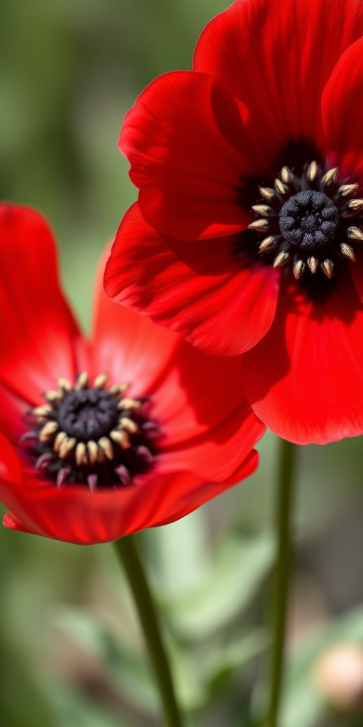 photograph of two vibrant red anemone flowers with detailed petals and contrasting dark centers, taken with a macro lens, f/2.8 aperture, 1/250 sec shutter speed, ISO 100, natural lighting, shallow depth of field, taken with a DSLR camera