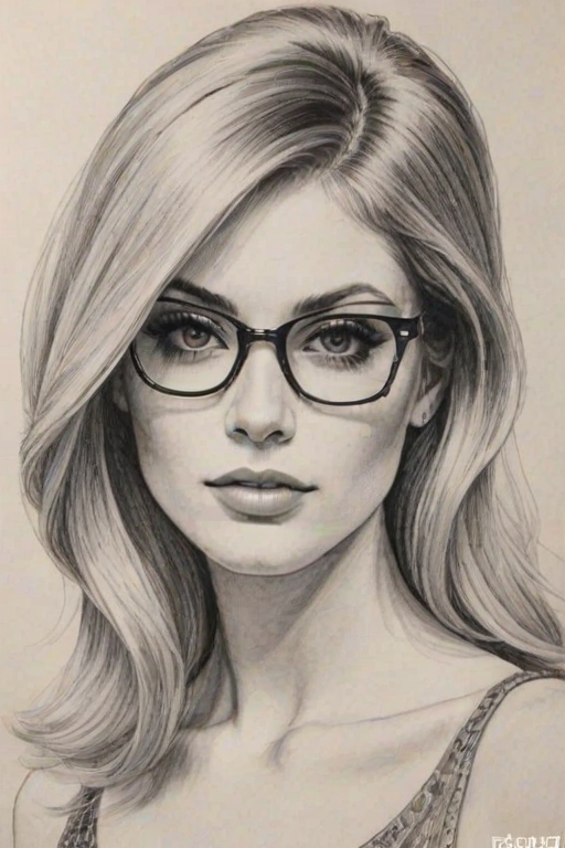 Alluring Kat McNamara, pencil sketch, portrait of Dazzling woman 1964s in glasses, hair style beatnik, outline, clear lines, fine lines, 8k