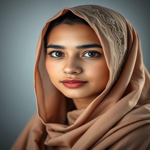 Portrait of a young woman in a hijab with intricate embroidery, soft lighting, depth of field focus, ISO 100, aperture f/2.8, 85mm lens, DSLR camera, studio backdrop.