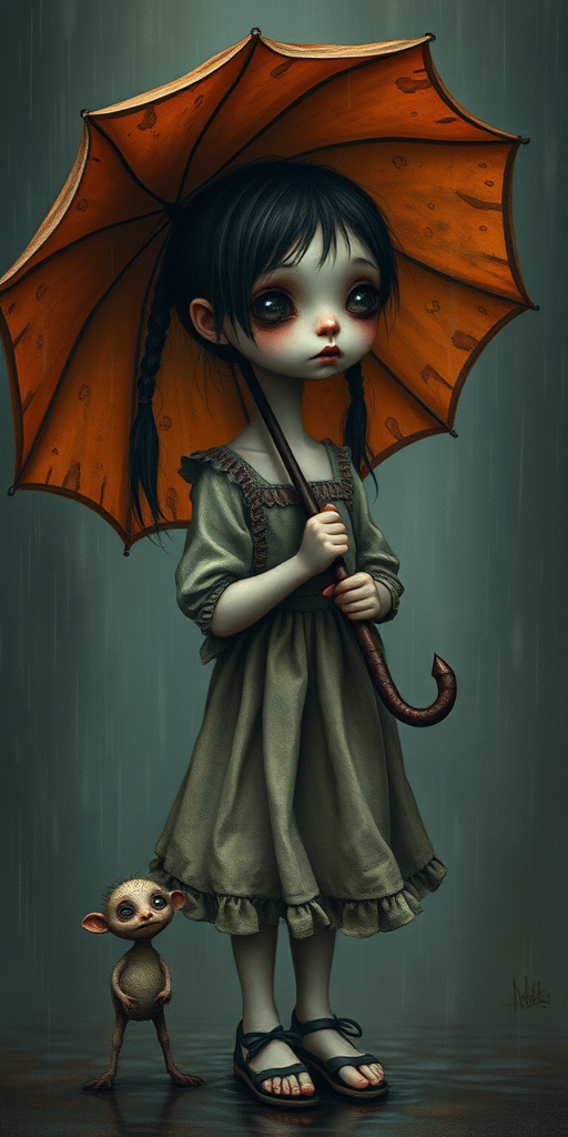 An eerie, weird little girl with dark hair in thin pigtails, wearing a smock dress, standing in the rain, holding a dirty orange umbrella, a small, odd creature beside her. In a surreal style inspired by Nicoletta Ceccoli and Brian Froud. Dark fantasy themes