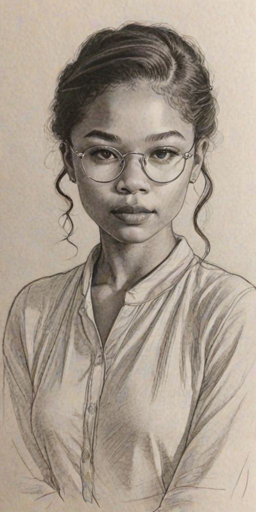 Elegant Storm Reid, pencil sketch, portrait of Lovely woman 1920s in glasses, hair style beatnik, outline, clear lines, fine lines, 8k