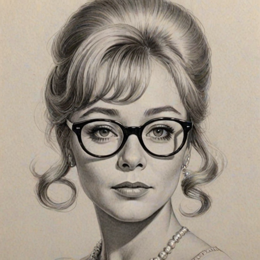 Magnificent Glynis Johns, pencil sketch, portrait of Fetching woman 1967s in glasses, hair style beatnik, outline, clear lines, fine lines, 8k