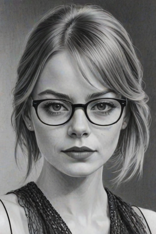 Enchanting Emma Stone, pencil sketch, portrait of Beauteous woman 1922s in glasses, hair style beatnik, outline, clear lines, fine lines, 8k