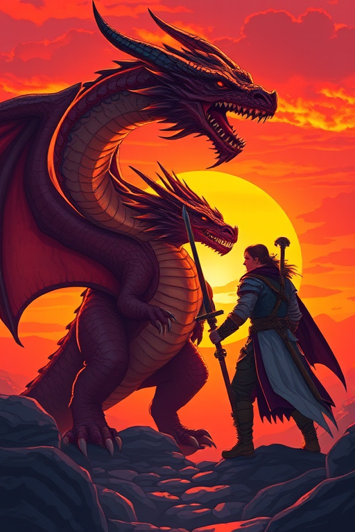 Create an illustration of a mythical dragon interacting with a warrior in a vibrant sunset setting, use a DSLR camera with 50mm lens at f/1.8, ISO 200, shot from a low angle to emphasize the characters, in vivid colors and high contrast for a dramatic effect.