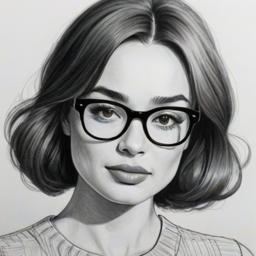 Gorgeous Crystal Reed, pencil sketch, portrait of Dazzling woman 1965s in glasses, hair style beatnik, outline, clear lines, fine lines, 8k