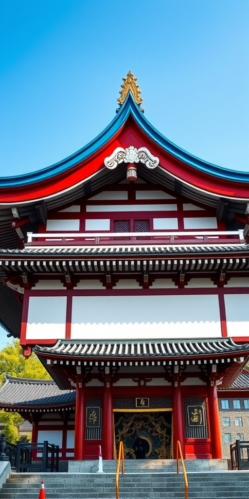 Create a high-resolution vector illustration of a traditional Japanese temple with a blue and red roof, viewed from a low angle, using a DSLR camera, f/8 aperture, 24mm focal length, ISO 100, bright daylight for enhanced clarity and detail.