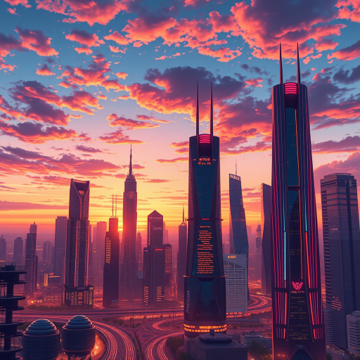 Create an illustration of a futuristic city skyline at sunset, showcasing advanced skyscrapers with neon lights, using a Canon EOS R5 with a 24mm f/1.4 lens, ISO 100, aperture f/8, and a wide-angle perspective for enhanced detail and depth.