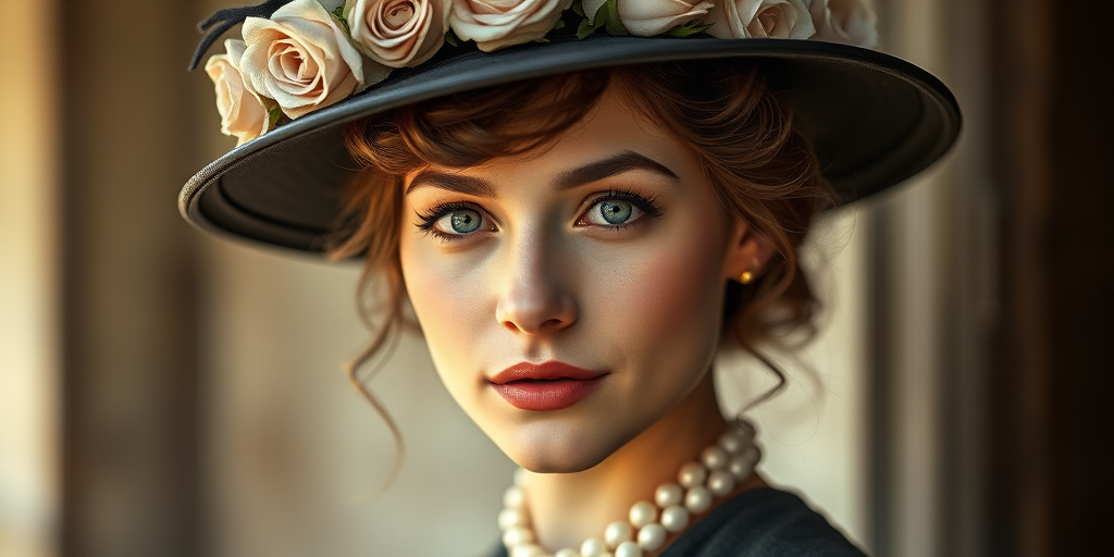 Create a highly detailed portrait of a young woman from the Victorian era, wearing an elegant hat adorned with roses, captured in soft natural light, using a 50mm lens, f/1.8 aperture, ISO 100, at a resolution of 300 DPI, in a high-quality digital format with a vintage black and white aesthetic.