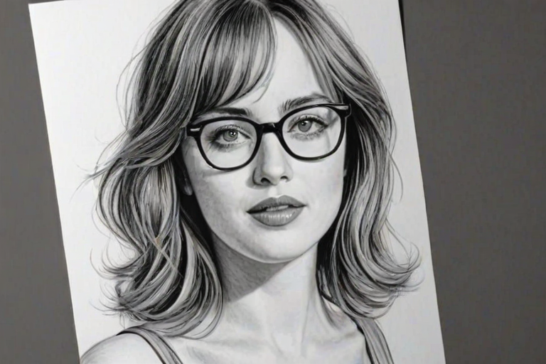 Wonderful Dakota Johnson, pencil sketch, portrait of Alluring woman 1957s in glasses, hair style beatnik, outline, clear lines, fine lines, 8k