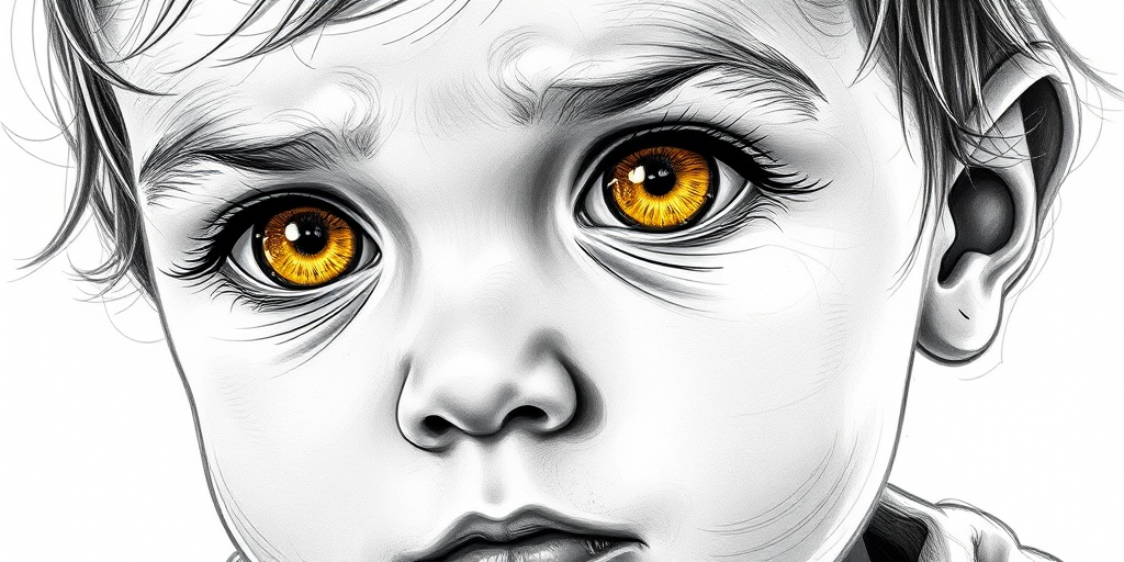A hyperdetailed photorealistic black and white sketch of a beautiful toddler with deep Yellow eyes, with a macro focus
