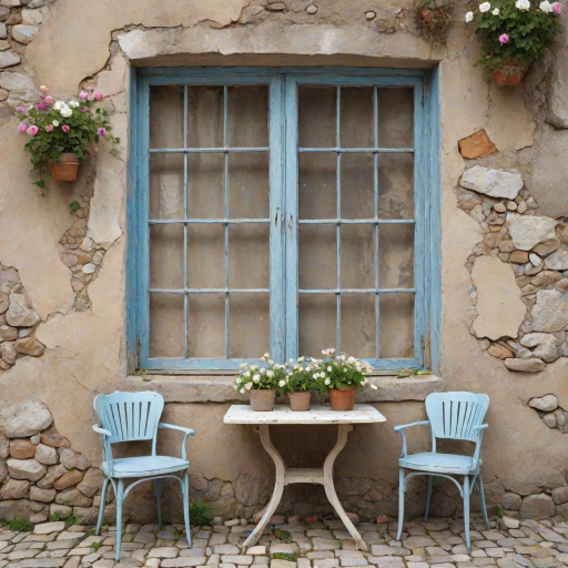 Create an amazing realistic watercolor image, The background is a crumbling wall beige and pale blue with the old wooden window. front of the wall has an old white table with two chairs. The soil is stones. Both of side of the image amazing flowers visible.